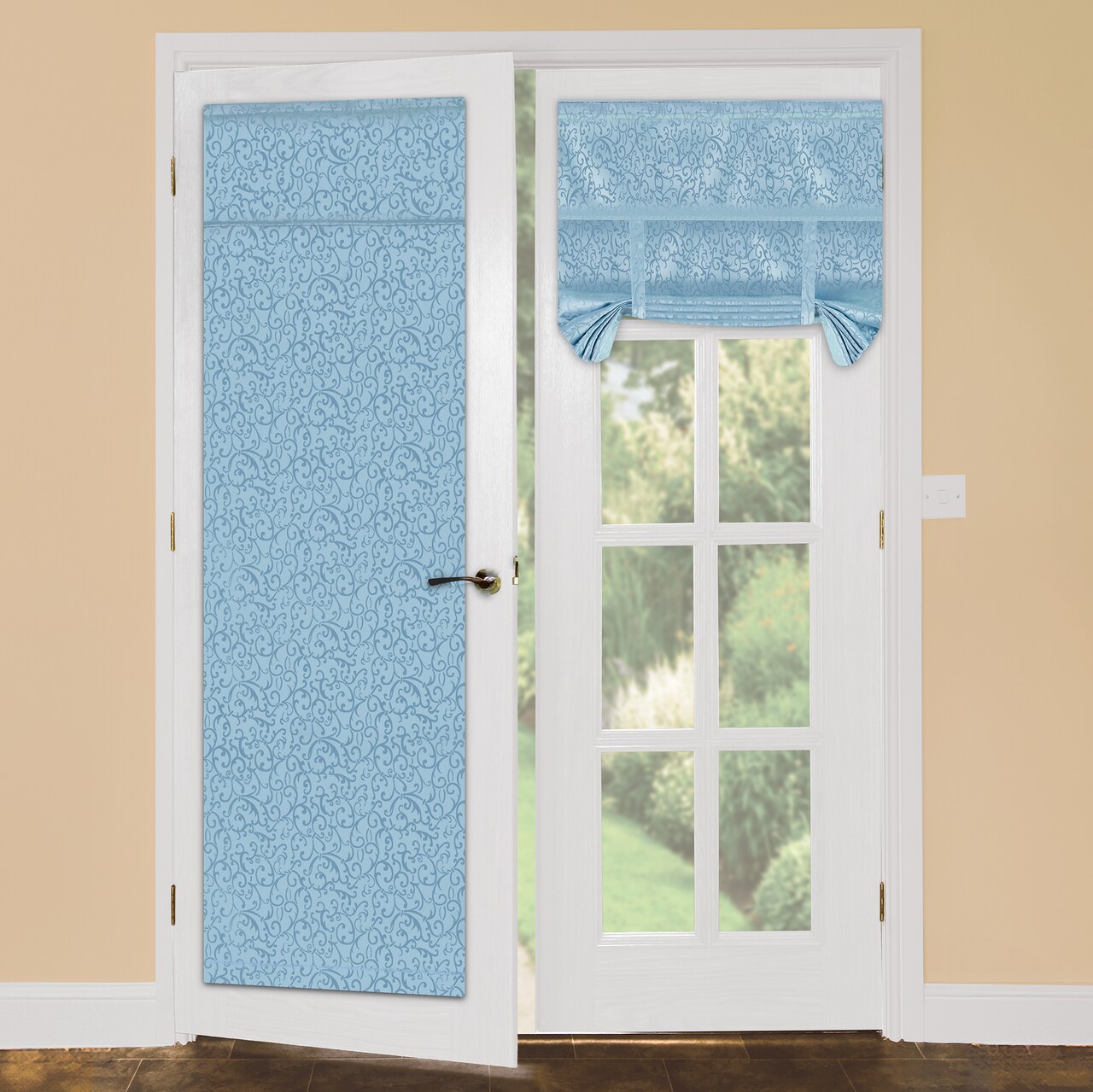 Collections Etc Tonal Scroll Design French Door Tie-Up Insulated Room-Darkening Shade